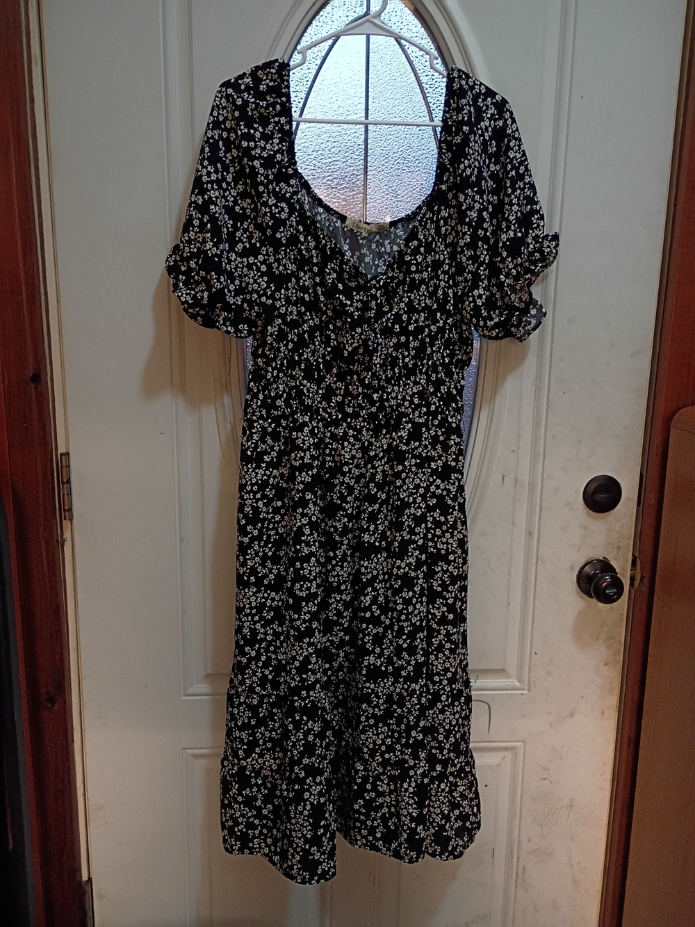Black Floral Midi Dress with Puff Sleeves - Women's Elegant Summer Dress